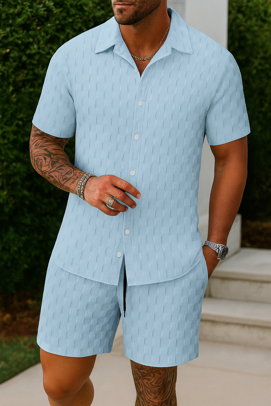 Men's Full Size Collared Neck Short Sleeve Top and Shorts Set Plus Size